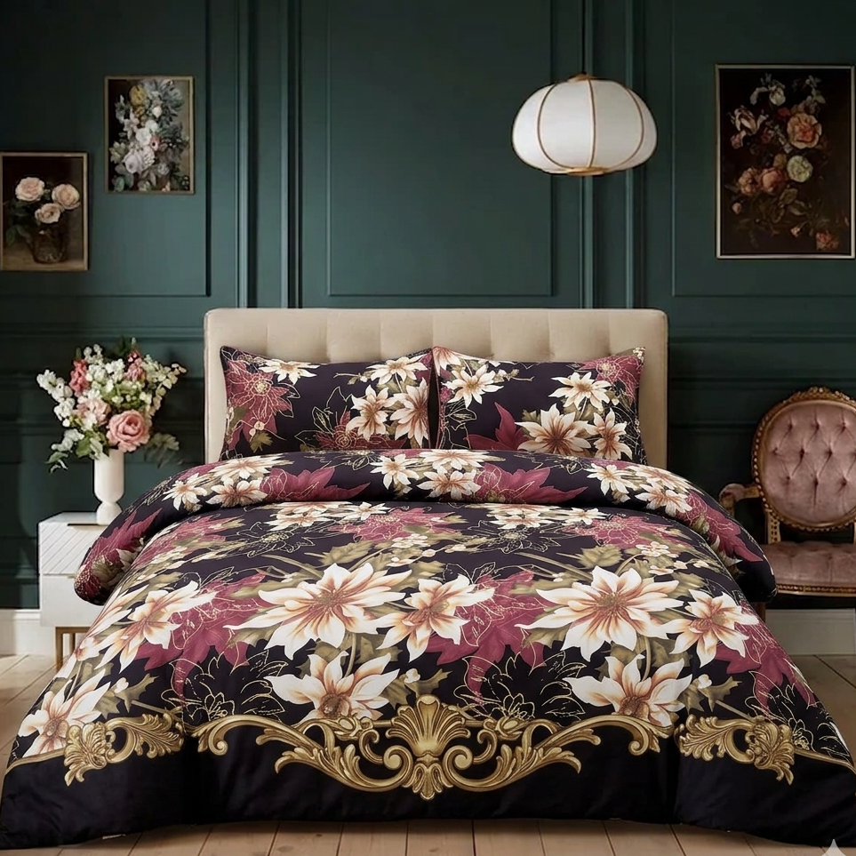 Floral bedding set on a bed in a stylish bedroom with dark green walls and decorative elements.