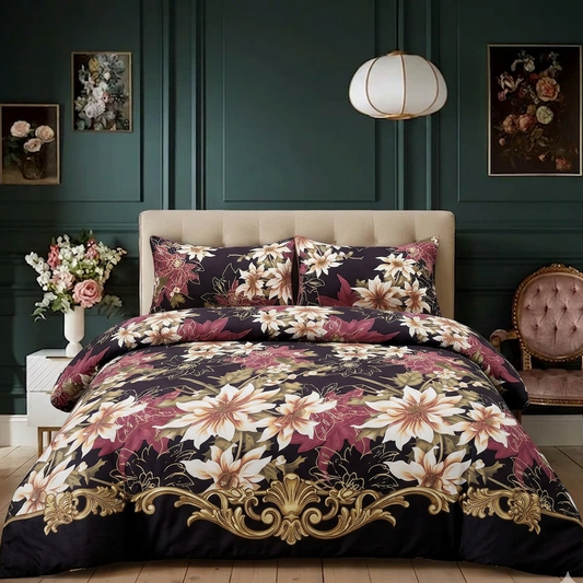 Floral bedding set on a bed in a stylish bedroom with dark green walls and decorative elements.