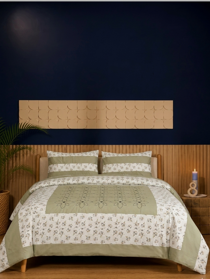 Bed with green and white floral patterned bedding against a dark blue wall.