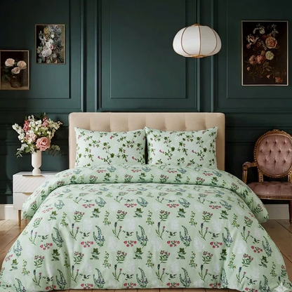 Bedroom with floral bedding, beige headboard, and dark green walls.