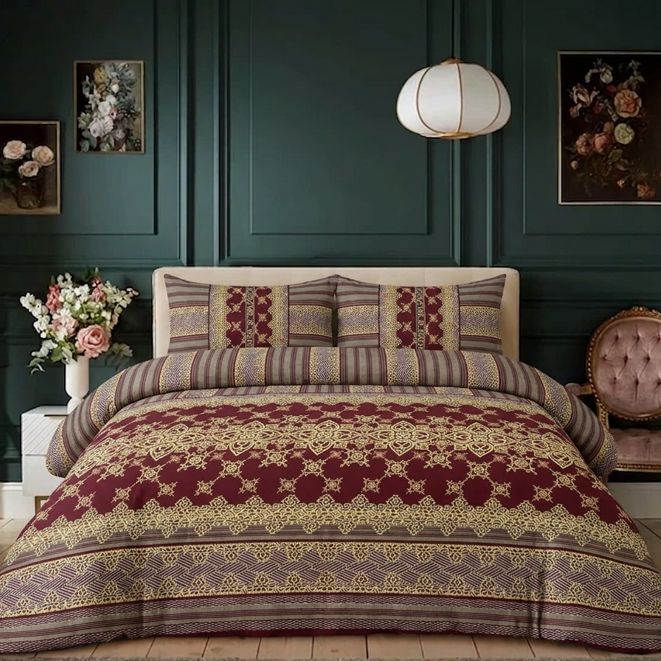 Decorative bedspread with intricate patterns in a bedroom setting.