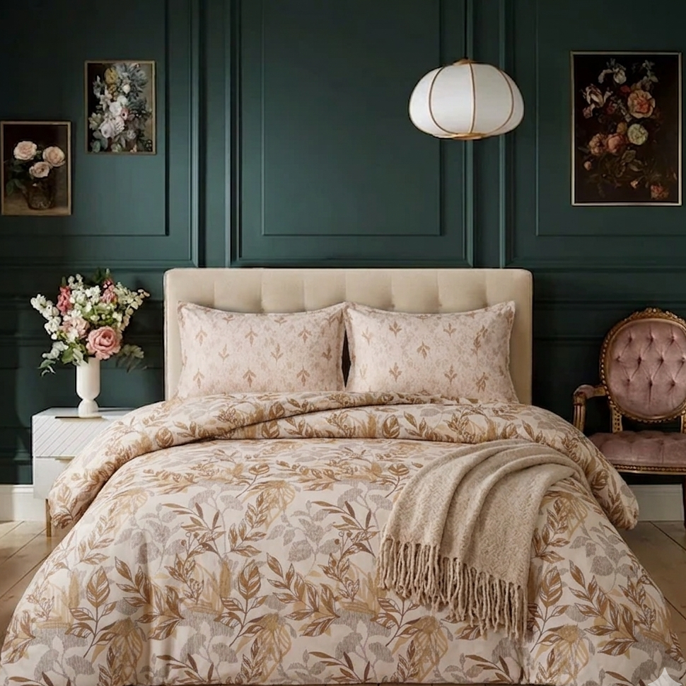 Decorative floral bedding set on a bed in a stylish bedroom with dark green walls and a lamp.