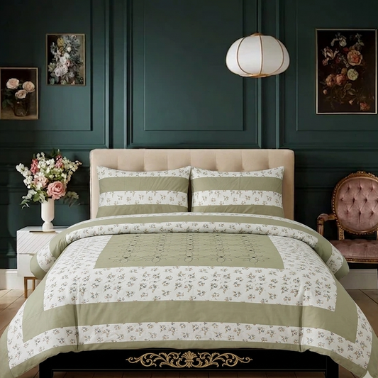 Bedroom with floral bedding, green walls, and decorative elements.