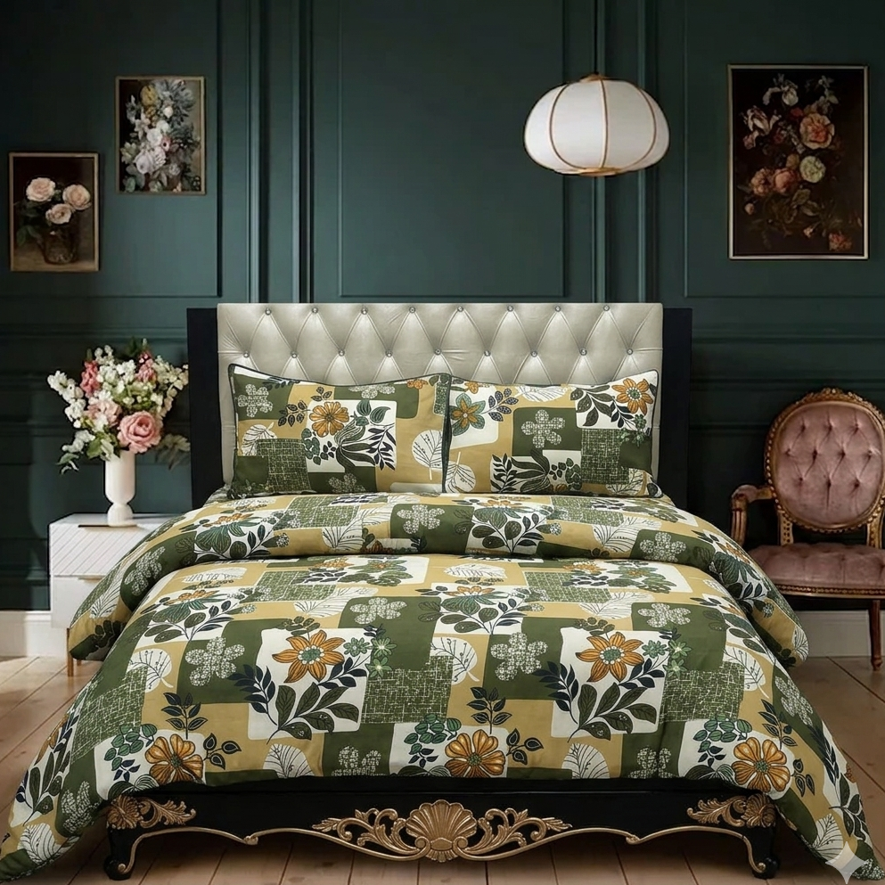 Bedroom with floral bedding, green walls, and decorative elements.