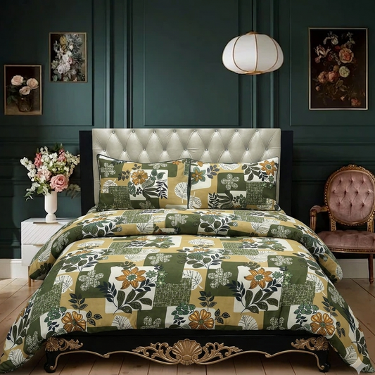 Bedroom with floral bedding, green walls, and decorative elements.