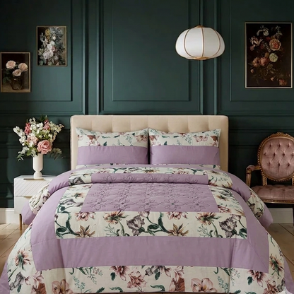 Floral bedding set on a bed in a bedroom with dark green walls and decorative elements.