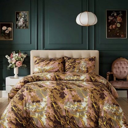Floral patterned bedding set on a bed in a stylish bedroom with dark green walls and decorative elements.