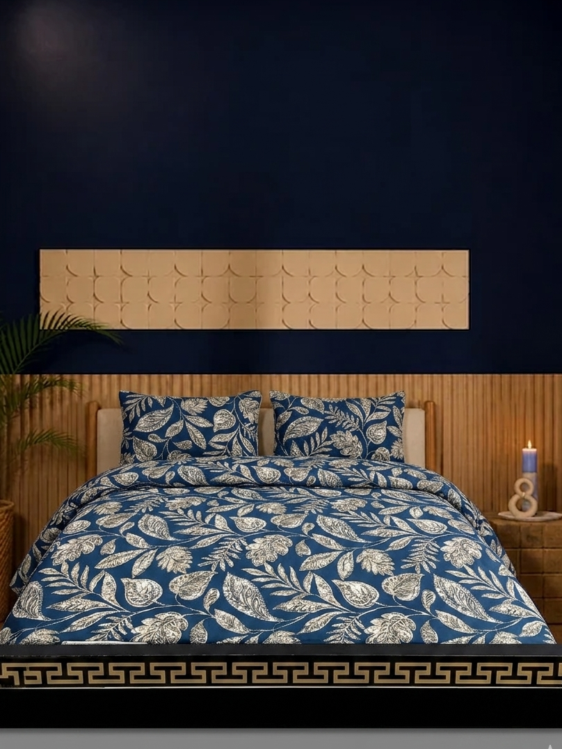 Bed with blue floral bedding and wooden headboard against a dark wall
