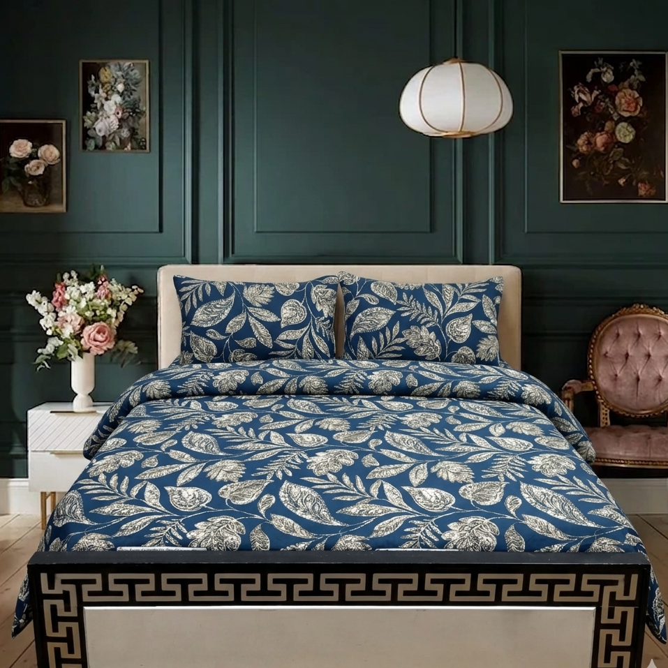 Bedroom with floral bedspread and decorative elements on a dark green wall.